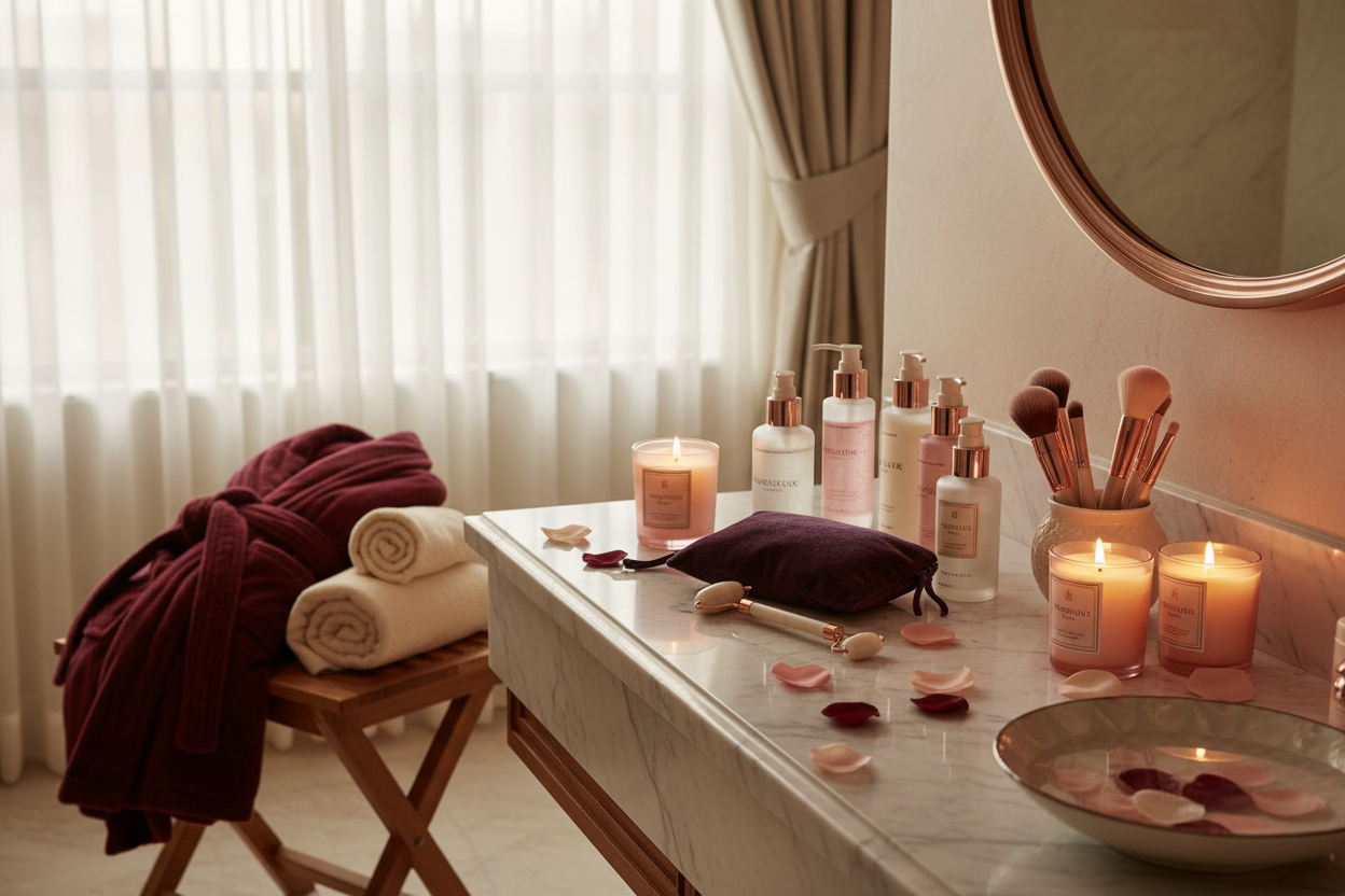 Spa-like self-care with candles and beauty essentials